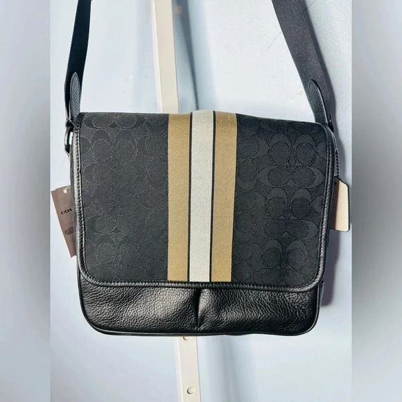 COACH NWT Thompson Crossbody Bag Jacquard  Varsity Stripe Black Leather Snap - Picture 4 of 10